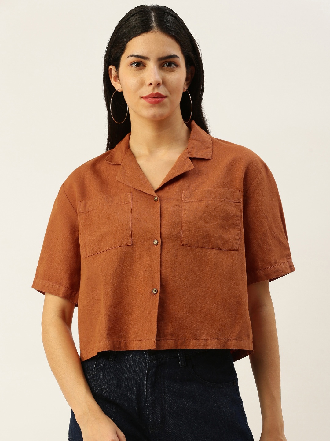

Bene Kleed Women Boxy Cotton Linen Casual Shirt, Rust