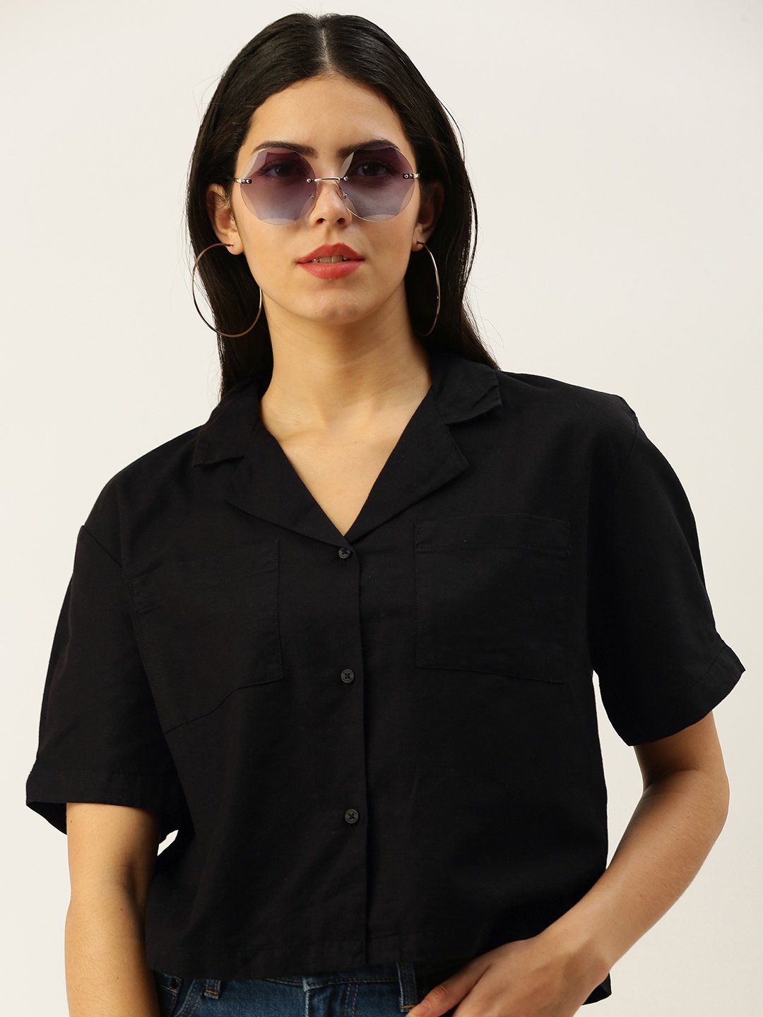 

Bene Kleed Women Boxy Cotton Linen Casual Shirt, Black