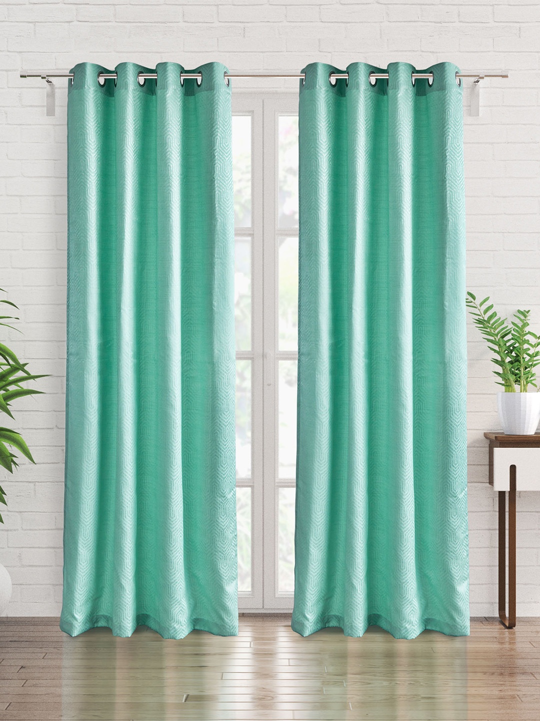 

Home Centre Morris Teal 2 Pieces Geometric Jacquard Black Out Door Curtains