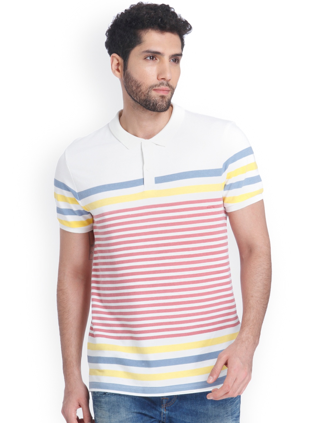 

ONLY SONS Men White Striped Polo Collar Pure Cotton T-shirt