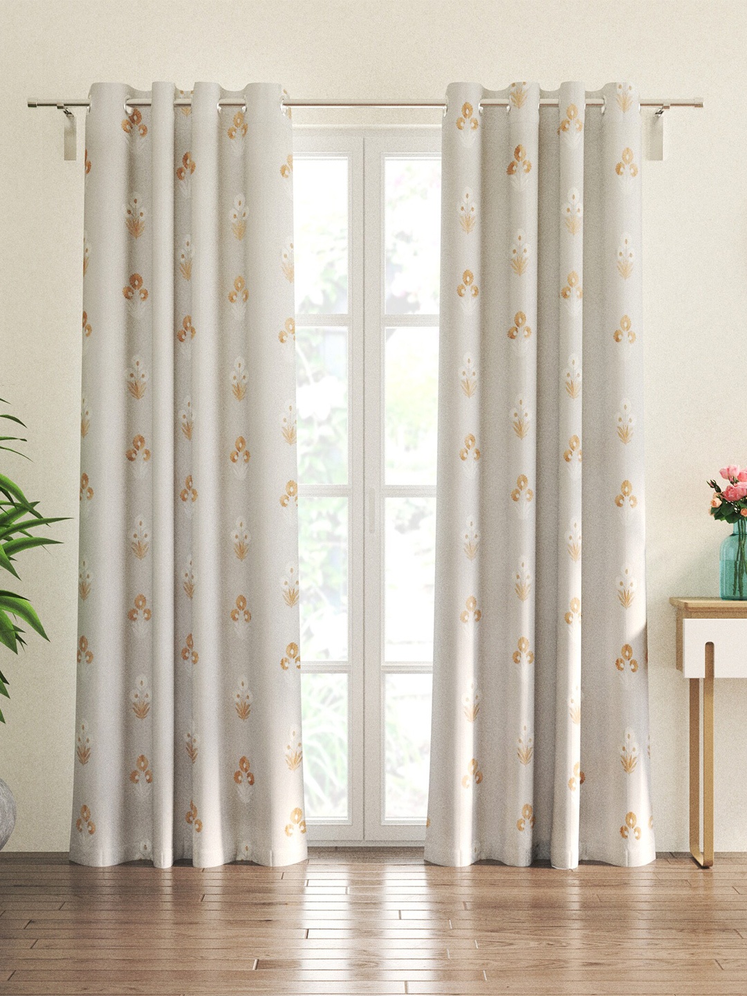 

Home Centre Crystal White & Beige 2 Pieces Ethnic Motifs Sheer Door Curtains