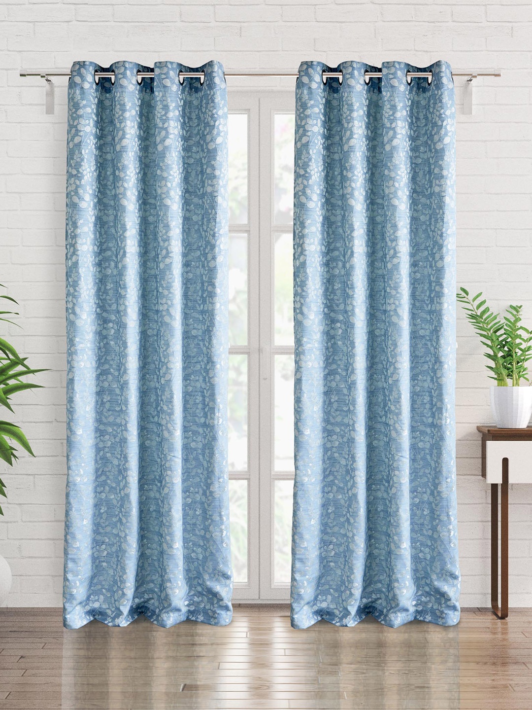 Home Centre Morris Blue & White 2 Pieces Floral Jacquard Black Out Door Curtains