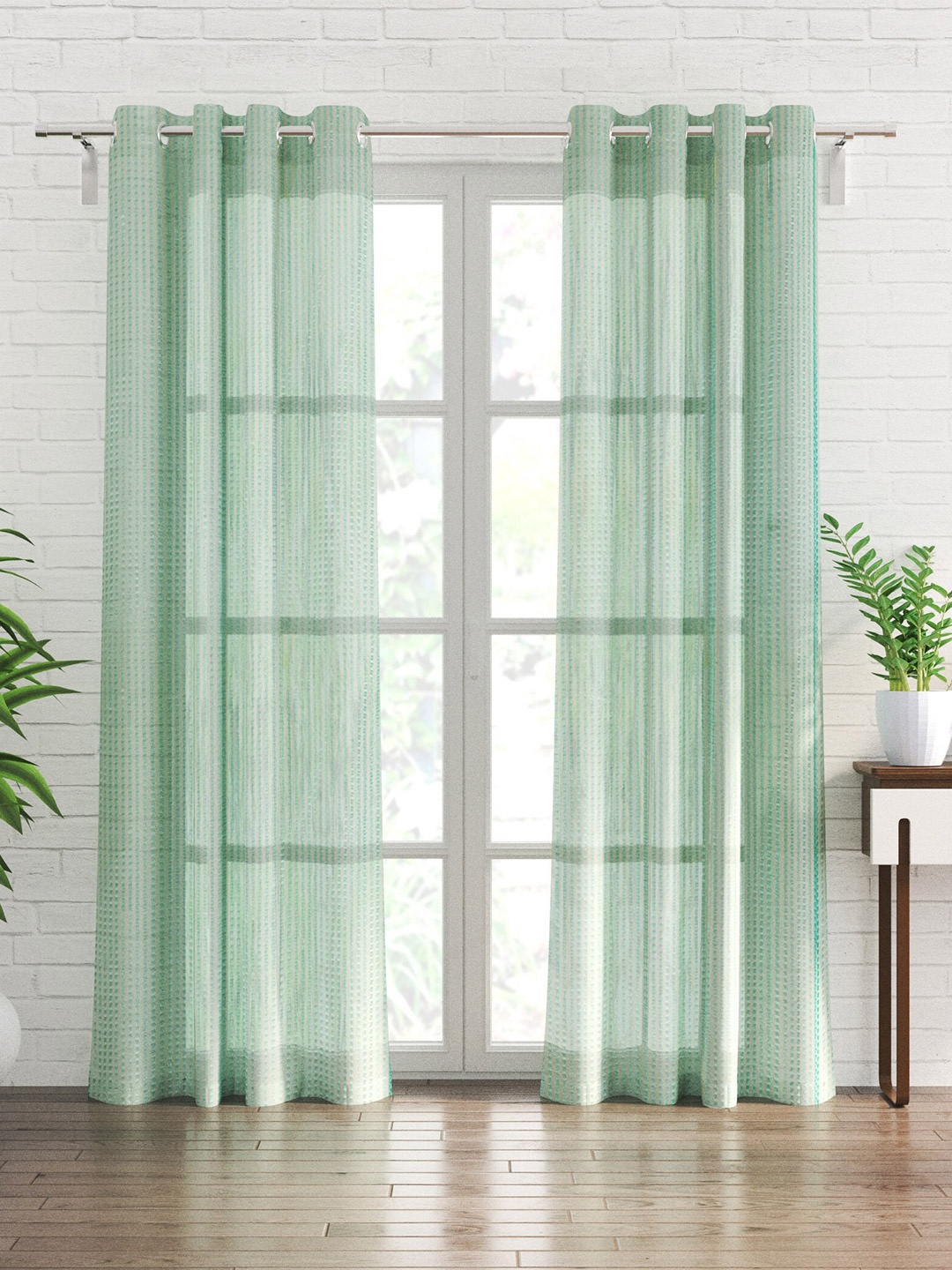 

Home Centre Corsica 2 Pieces Striped Jacquard Sheer Window Curtains, Green