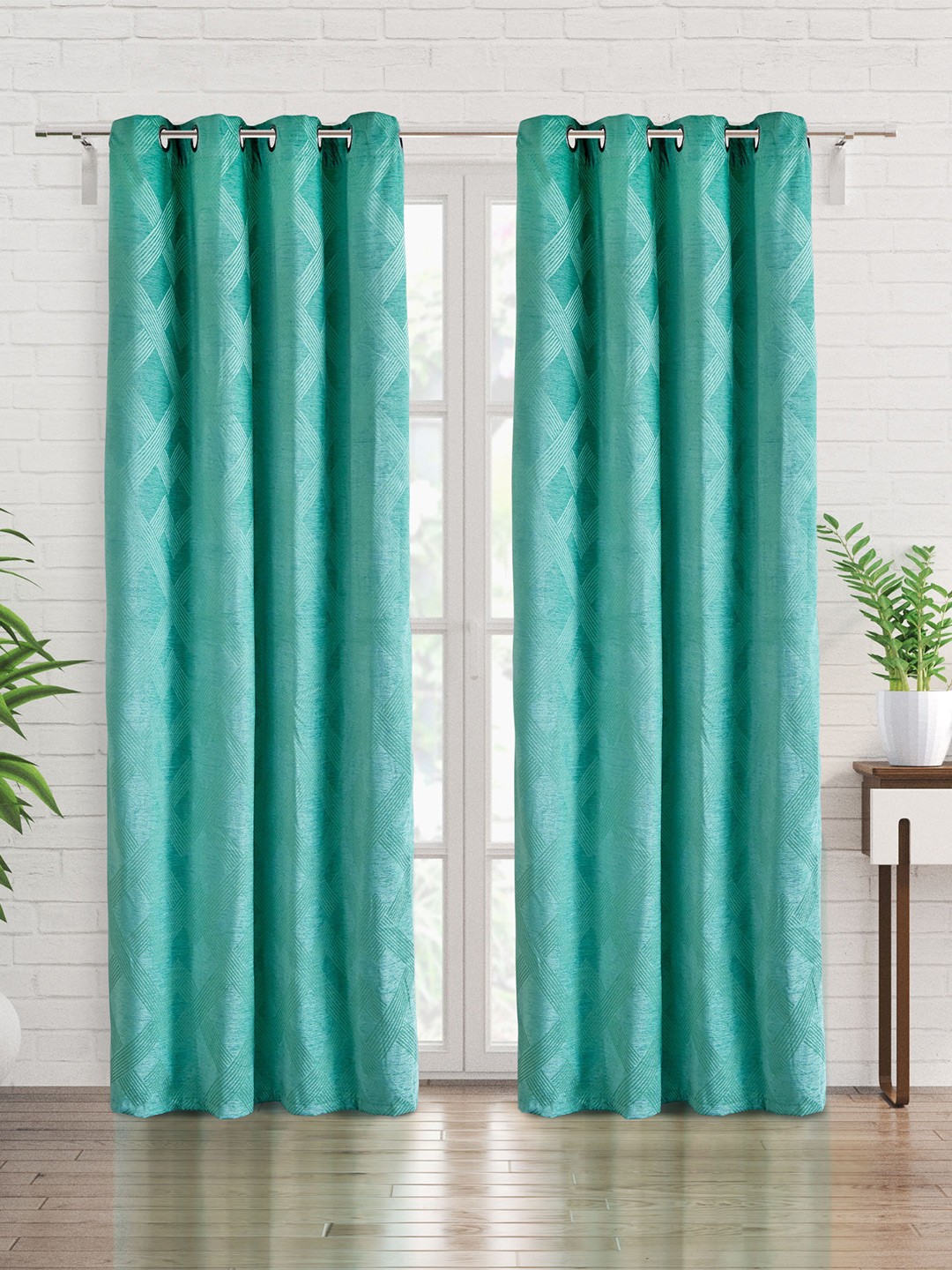 

Home Centre Calamus Teal & White Geometric Jacquard Black Out Door Curtain