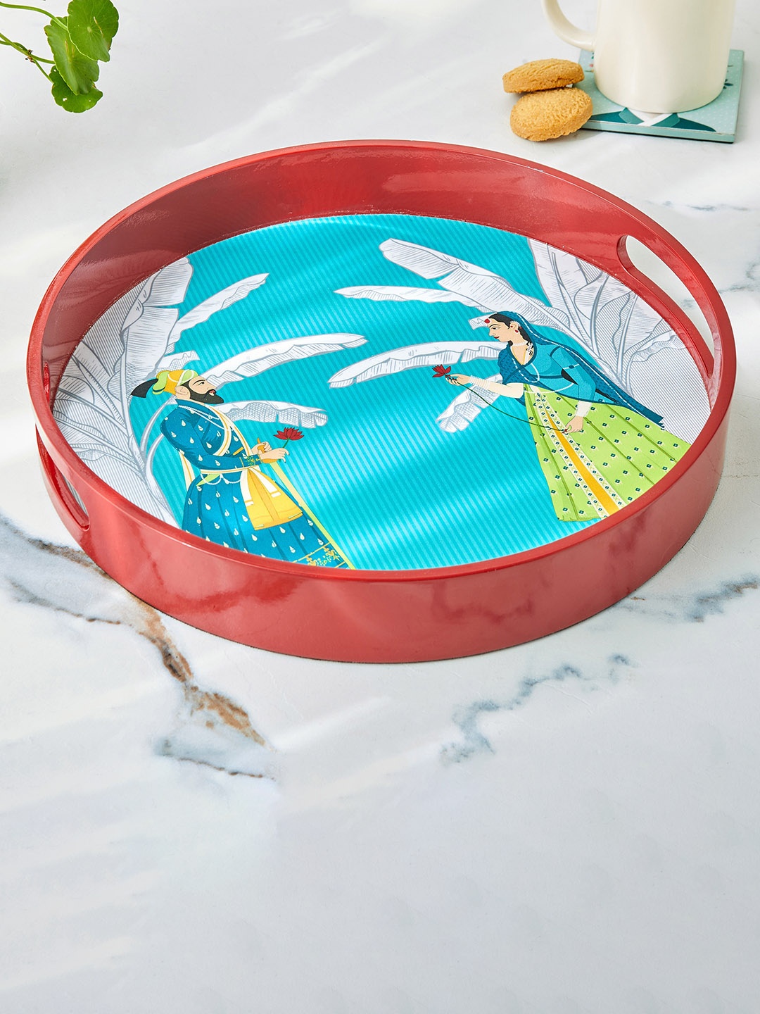

Home Centre Raisa Raja Rani Maroon Printed Wooden Round Serving Tray