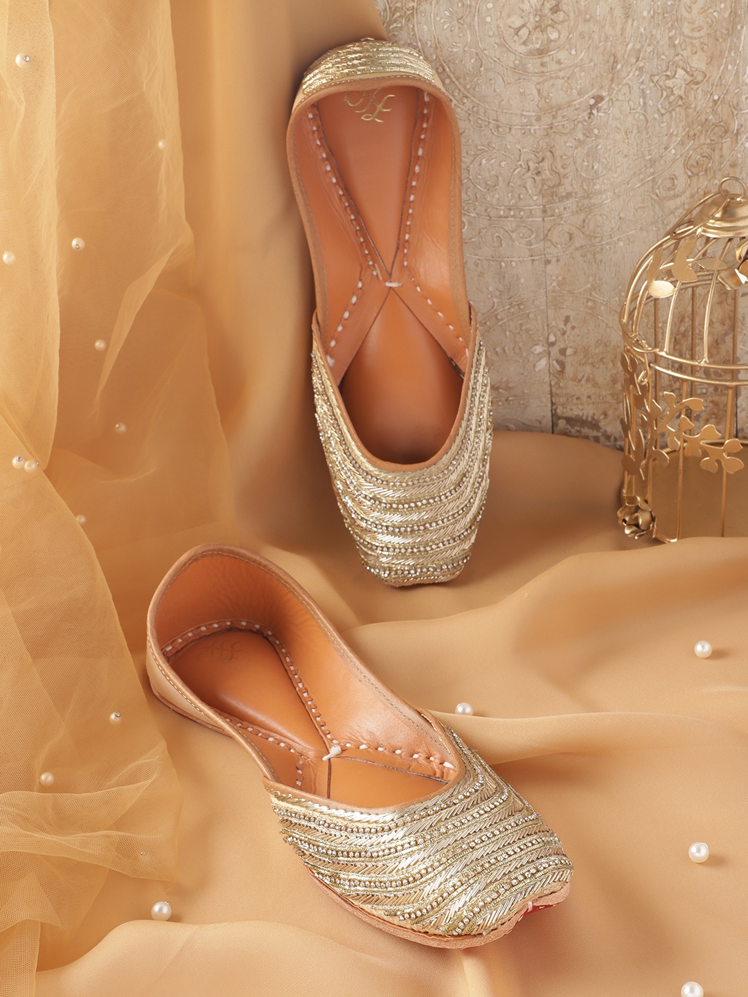 

House of Pataudi Women Embellished Handcrafted Mojaris, Gold