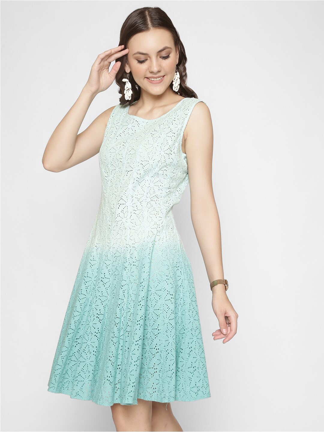 

250 DESIGNS Self Design Round Neck Pure Cotton A-Line Dress, Green