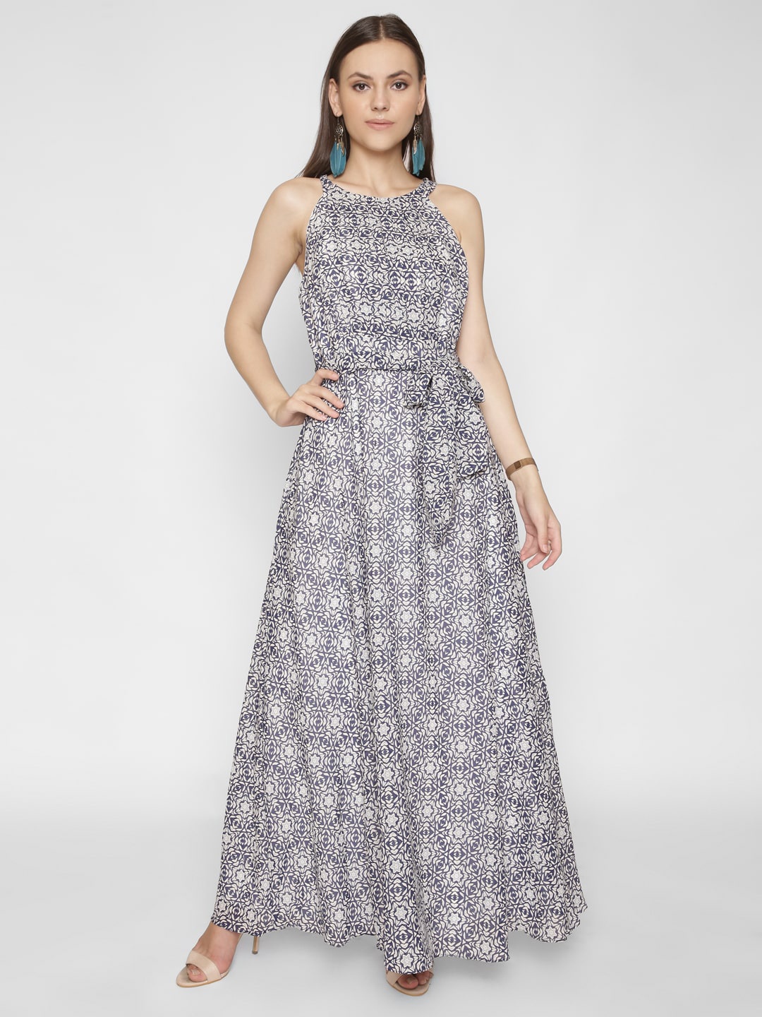 

250 DESIGNS Ethnic Motifs Printed Halter Neck Tie-Ups Maxi Dress, White