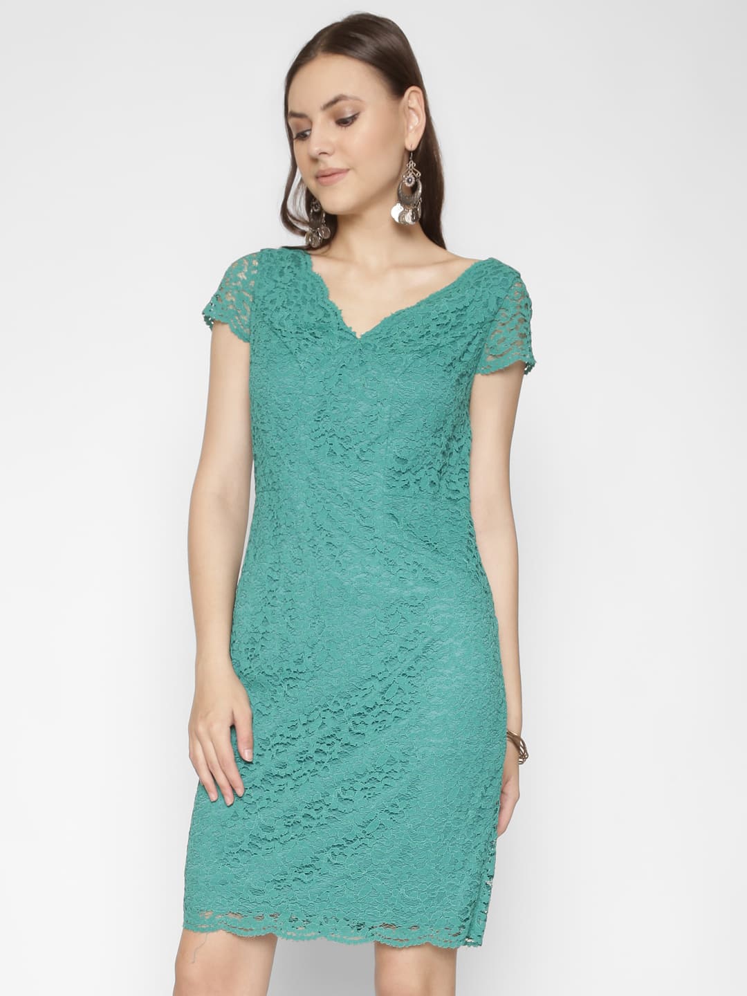 

250 DESIGNS Self Design V-Neck Cotton Sheath Dress, Green