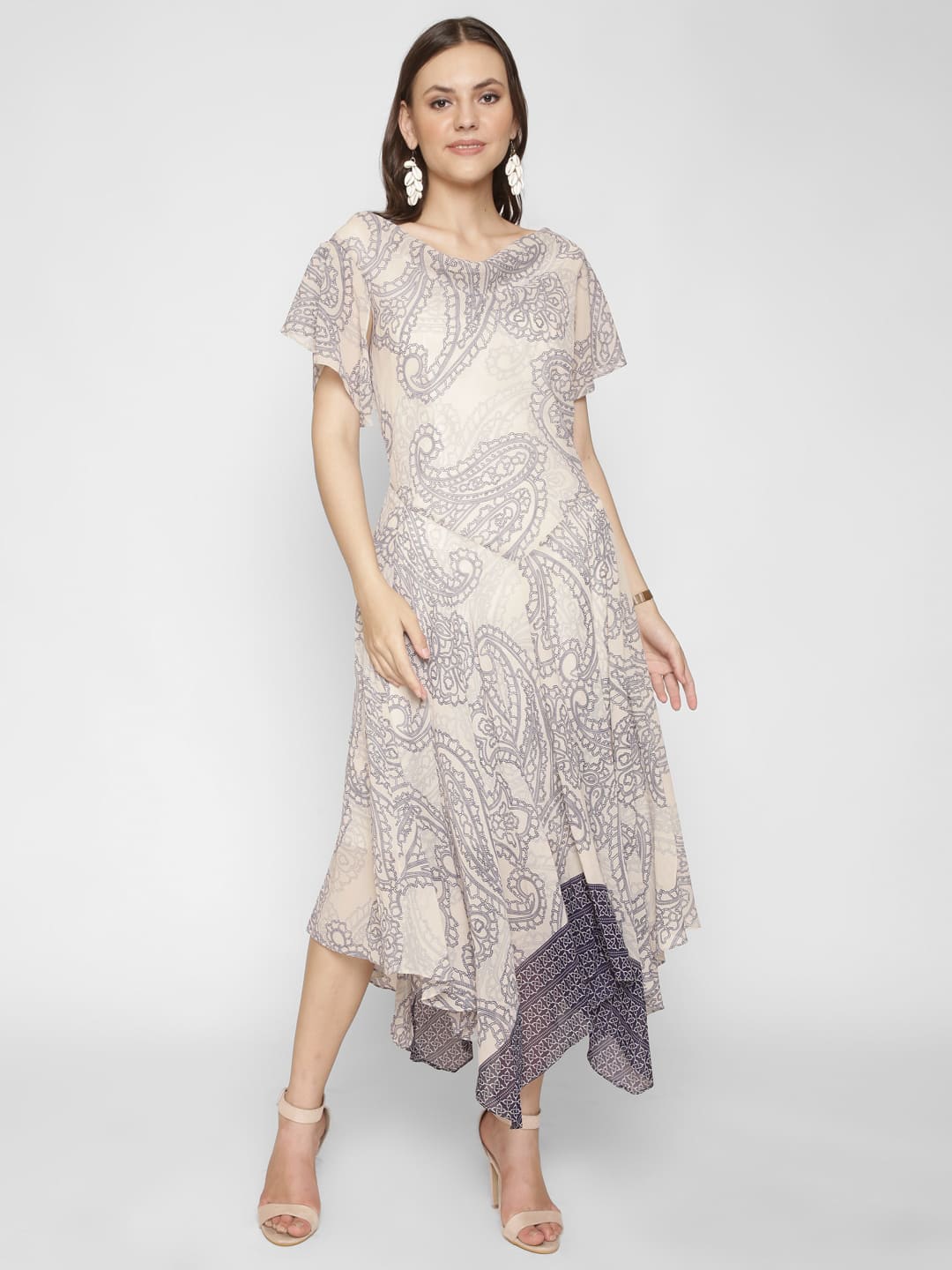 

250 DESIGNS Ethnic Motifs Printed Cowl Neck Flared Sleeves A-Line Midi Dress, Beige