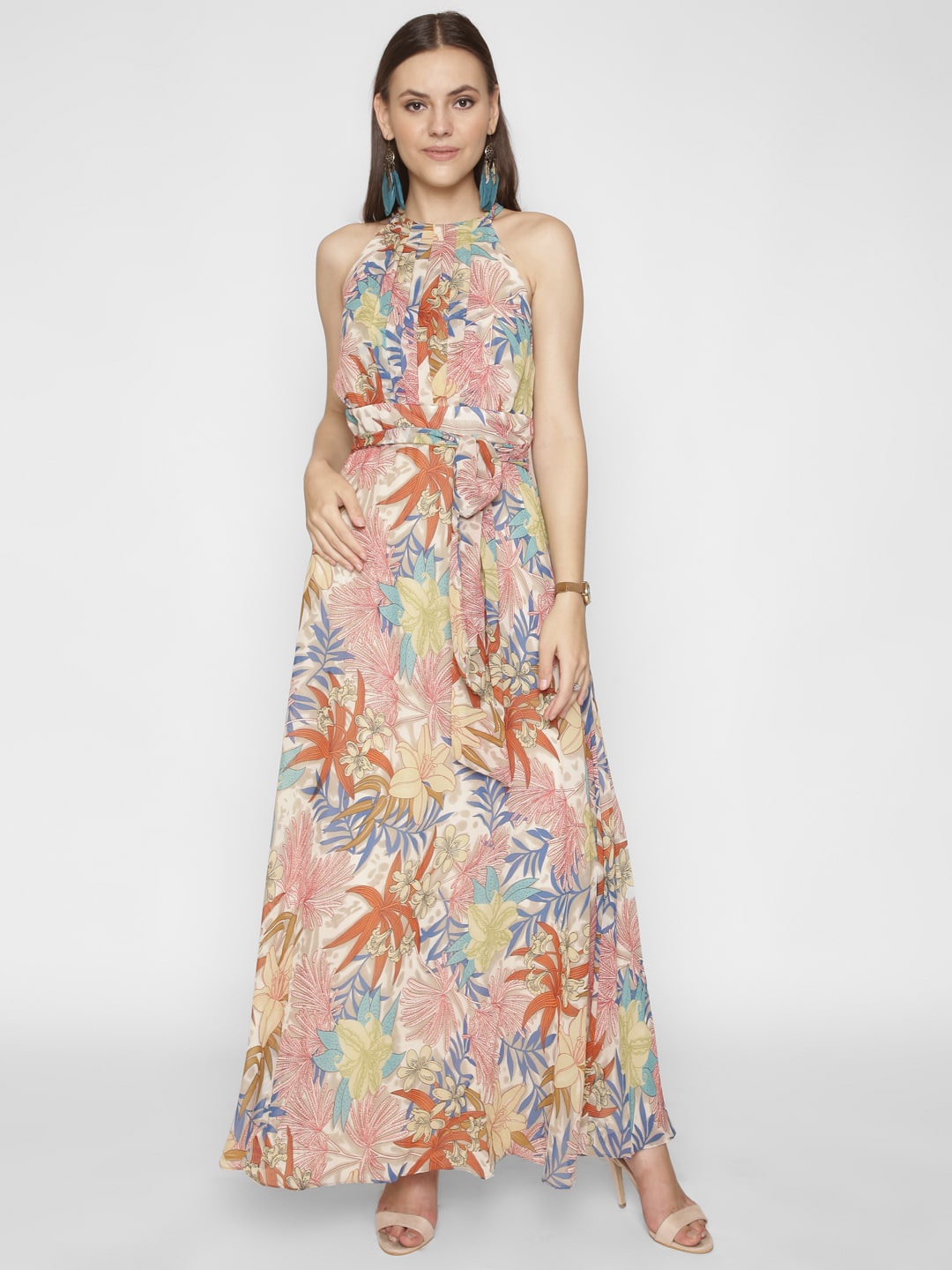 

250 DESIGNS Floral Printed Halter Neck Maxi Dress, White