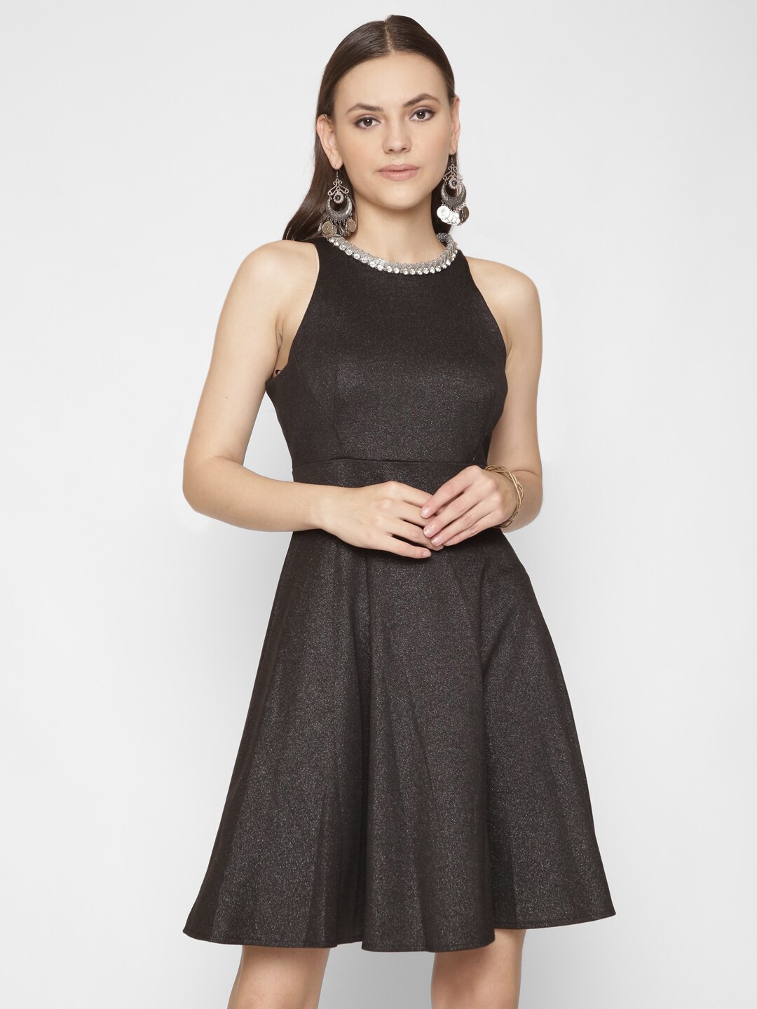 

250 DESIGNS Round Neck Gathered Fit & Flare Dress, Black