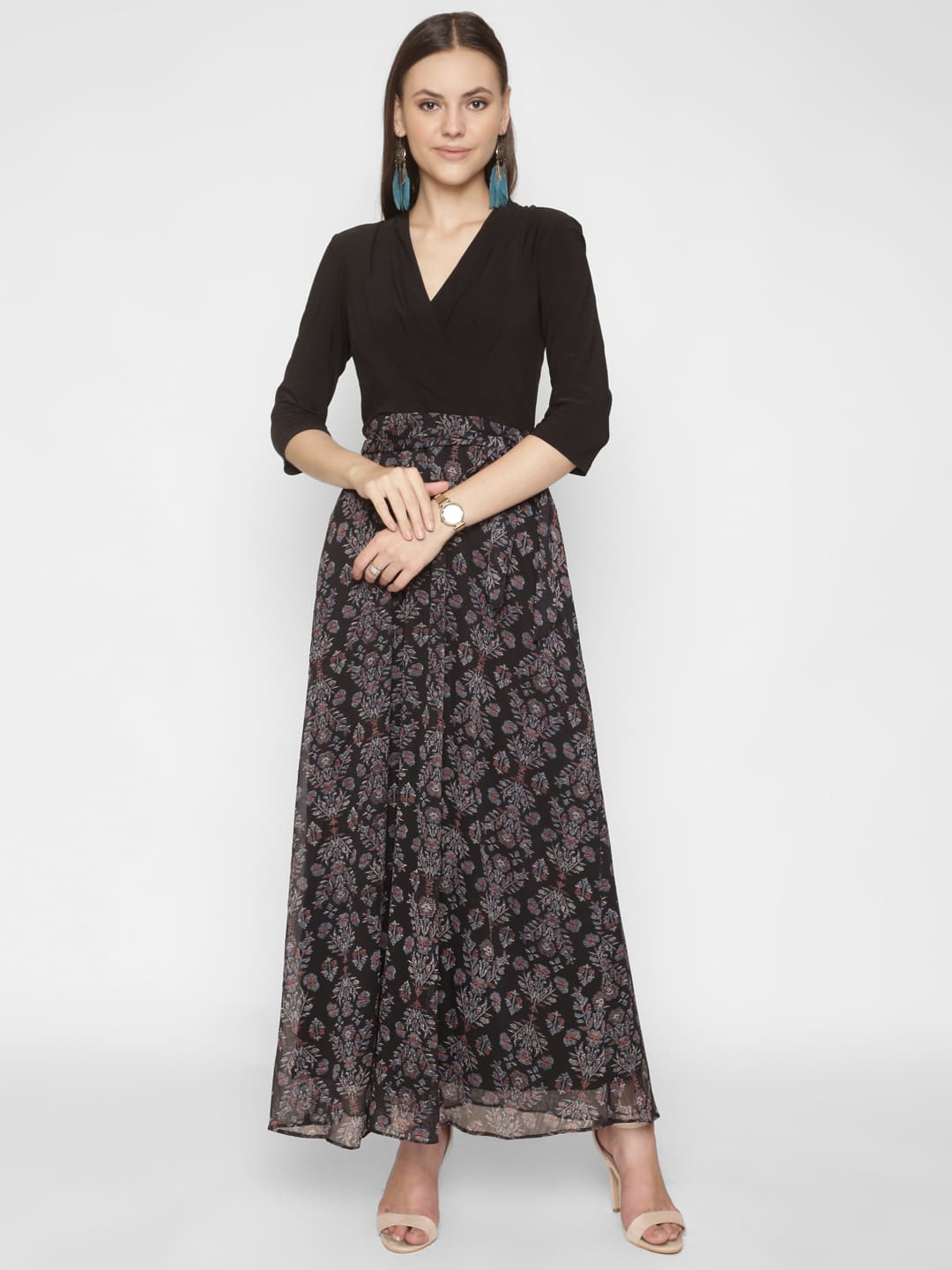 

250 DESIGNS Floral Printed V-Neck Tie-Ups Maxi Dress, Black