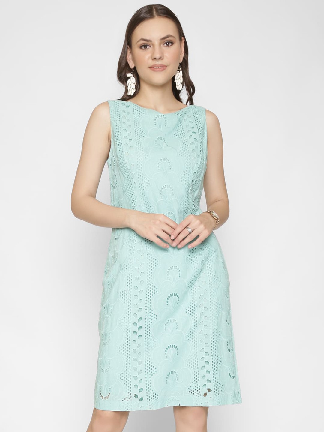 

250 DESIGNS Self Design Schiffli Cotton A-Line Dress, Green