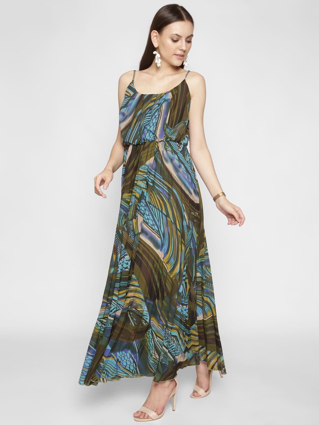 

250 DESIGNS Abstract Printed Shoulder Straps Accordion Pleats Maxi Dress, Green