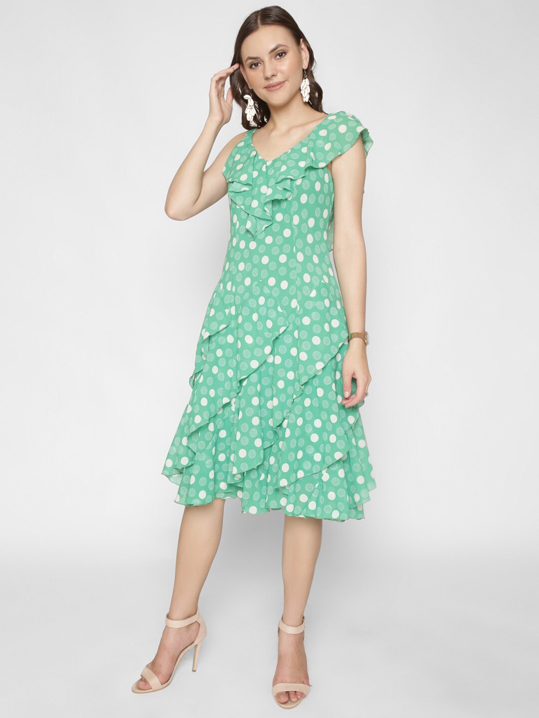

250 DESIGNS Polka Dots Printed Ruffled A-Line Midi Dress, Green