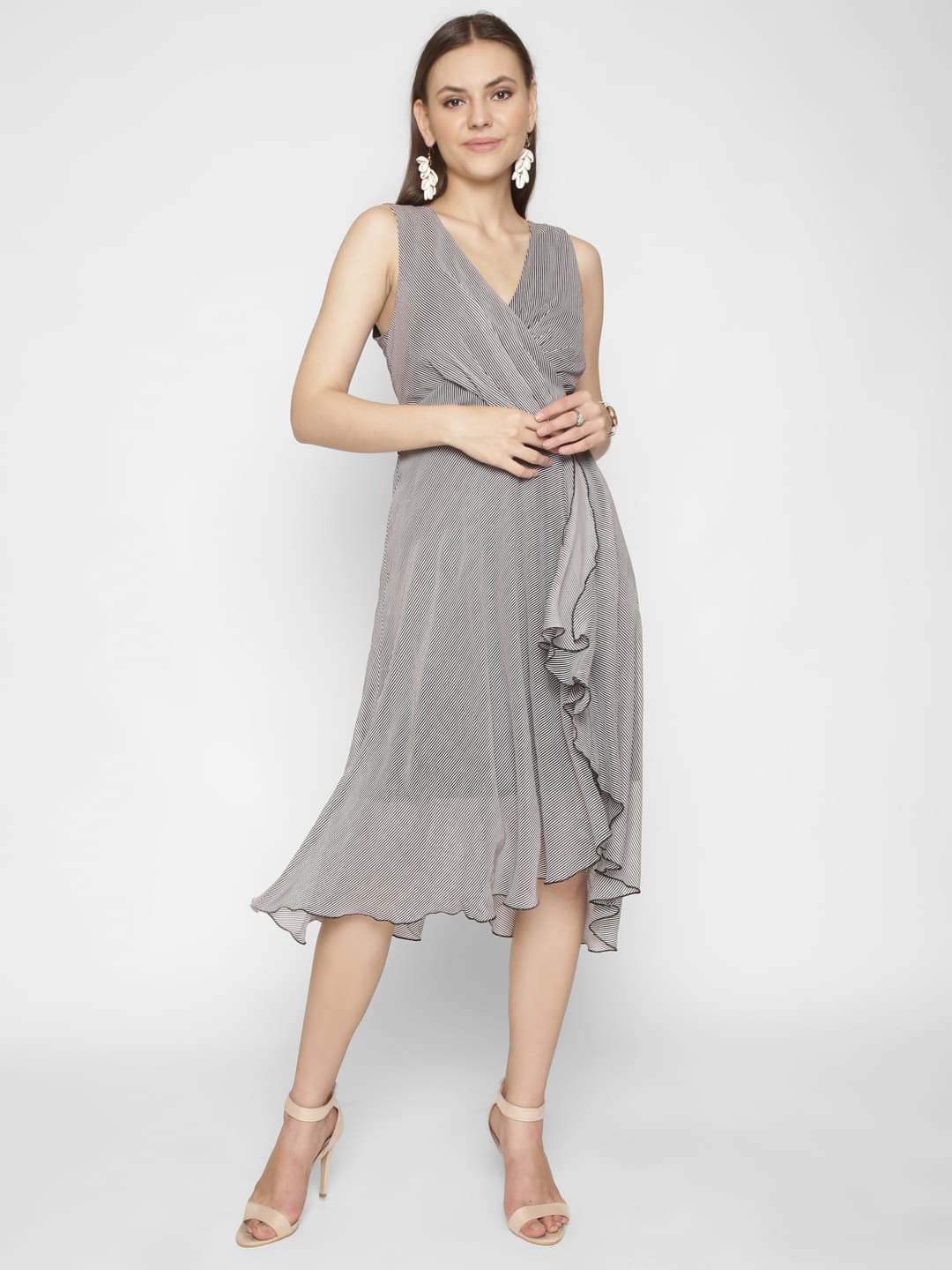 

250 DESIGNS Striped V-Neck Gathered Wrap Midi Dress, Grey