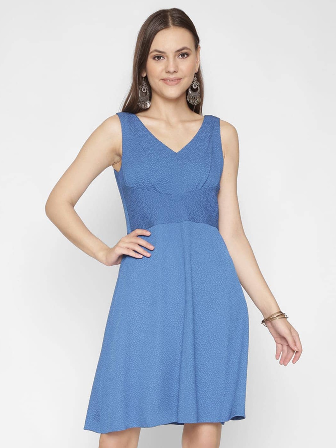 

250 DESIGNS Self Design V-Neck Gathered Pure Cotton Fit & Flare Dress, Blue