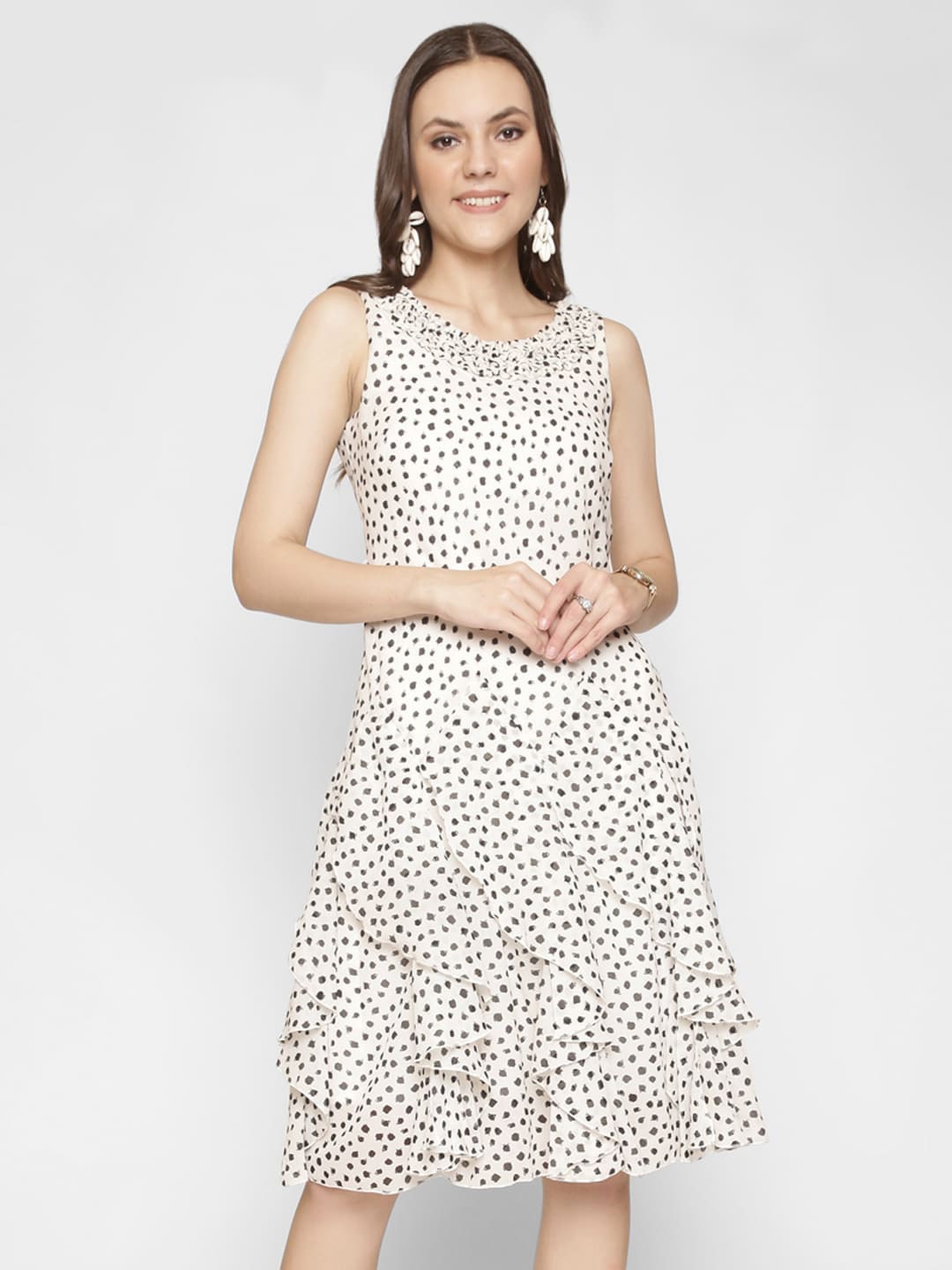 

250 DESIGNS Polka Dots Printed Ruffles A-Line Dress, White