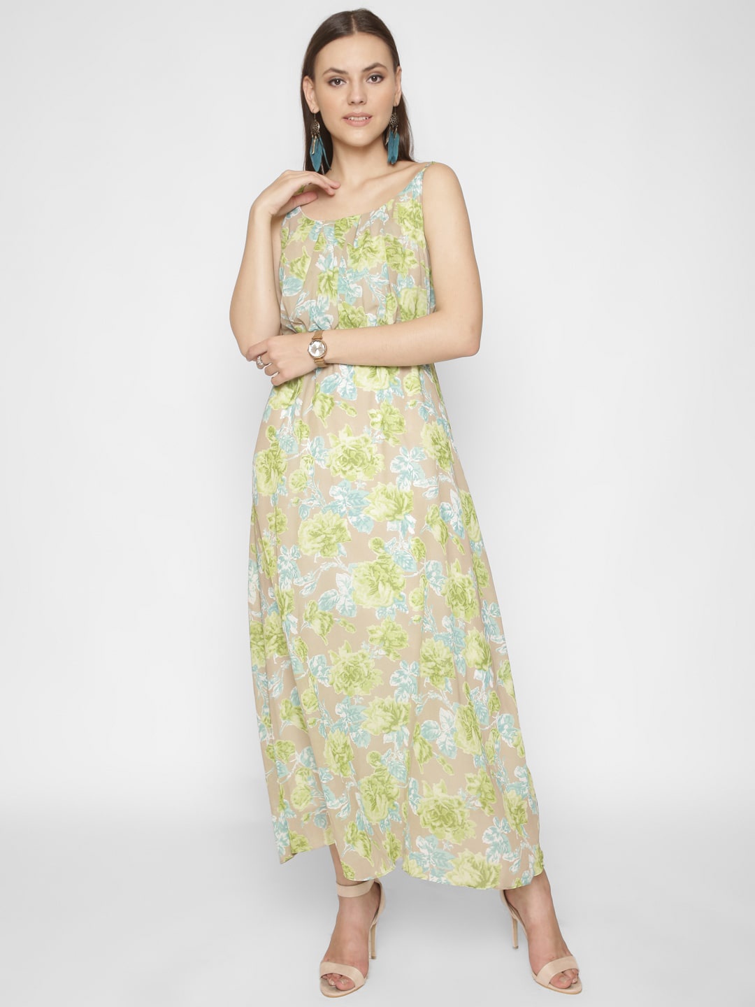 

250 DESIGNS Floral Printed Shoulder Straps Gathered A-Line Maxi Dress, Green