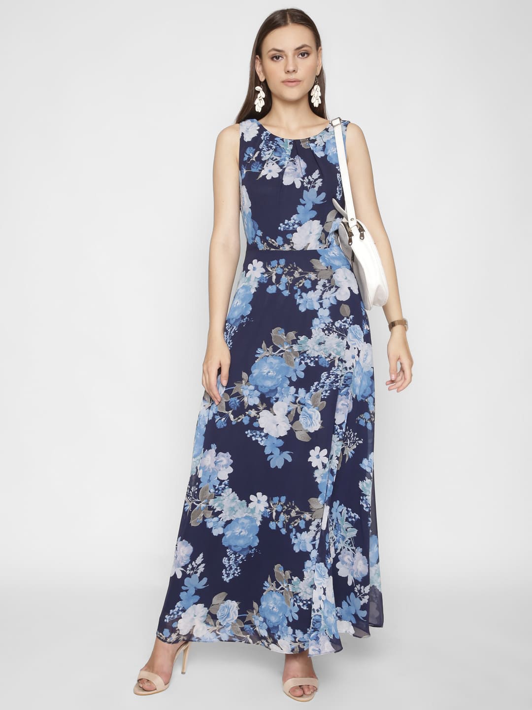 250 DESIGNS Floral Printed Round Neck Pleated Maxi Dress, Blue
