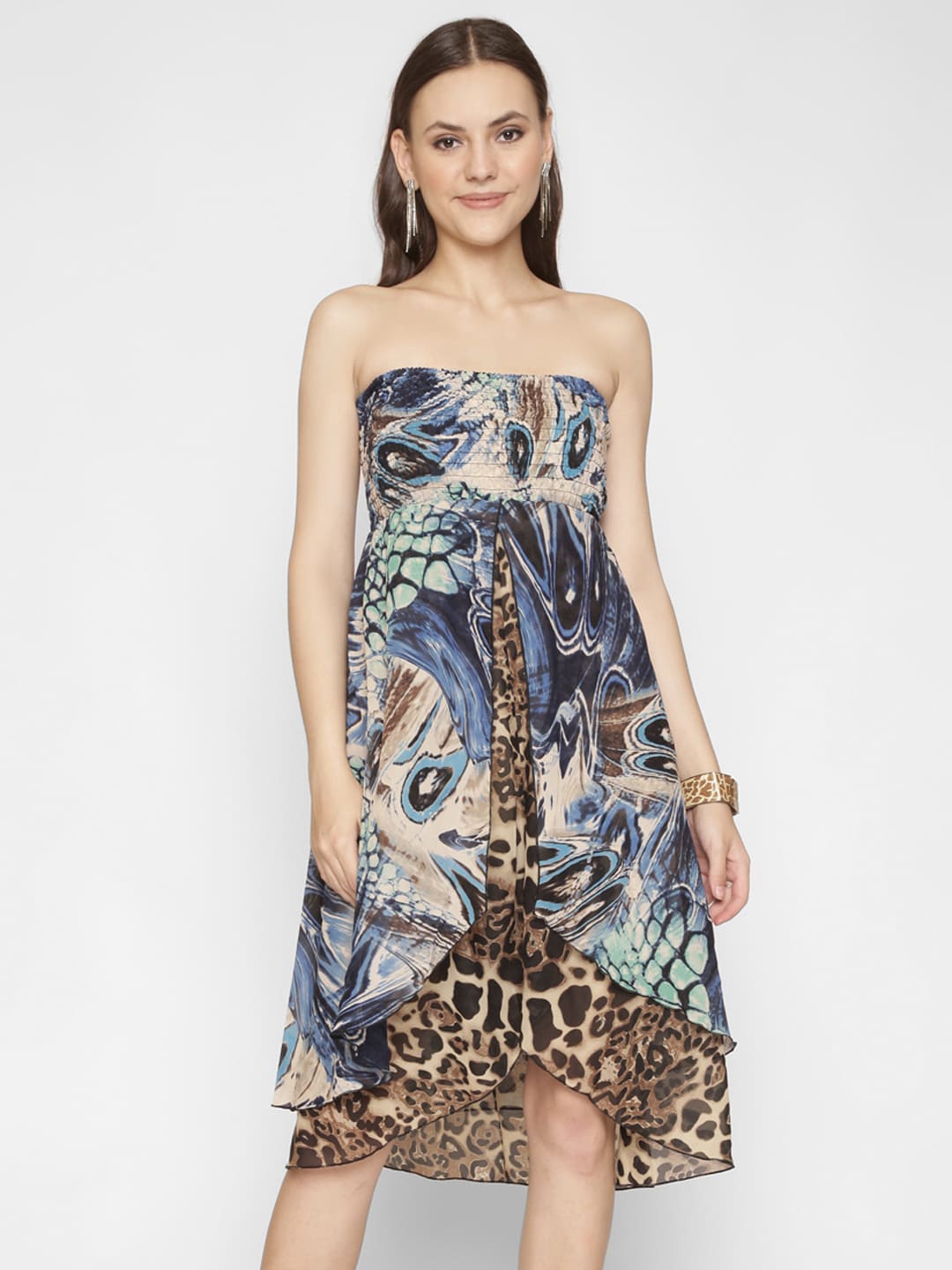

250 DESIGNS Animal Printed Strapless Smocked Fit & Flare Midi Dress, Blue