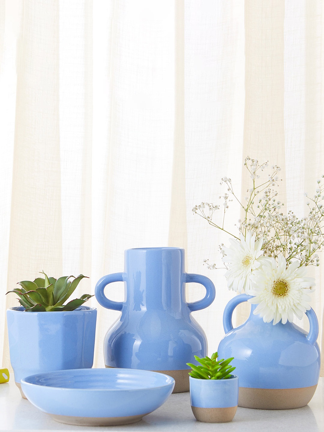 

Home Centre Colour Refresh Blue & Grey Colourblocked Ceramic Vase With Handle