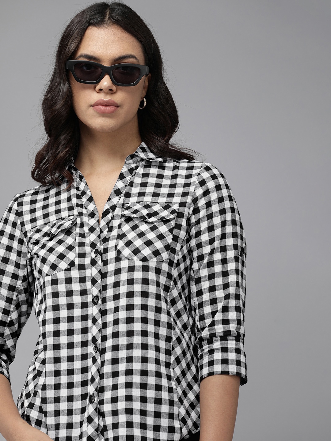 Roadster Women Standard Opaque Checked Casual Shirt, Black