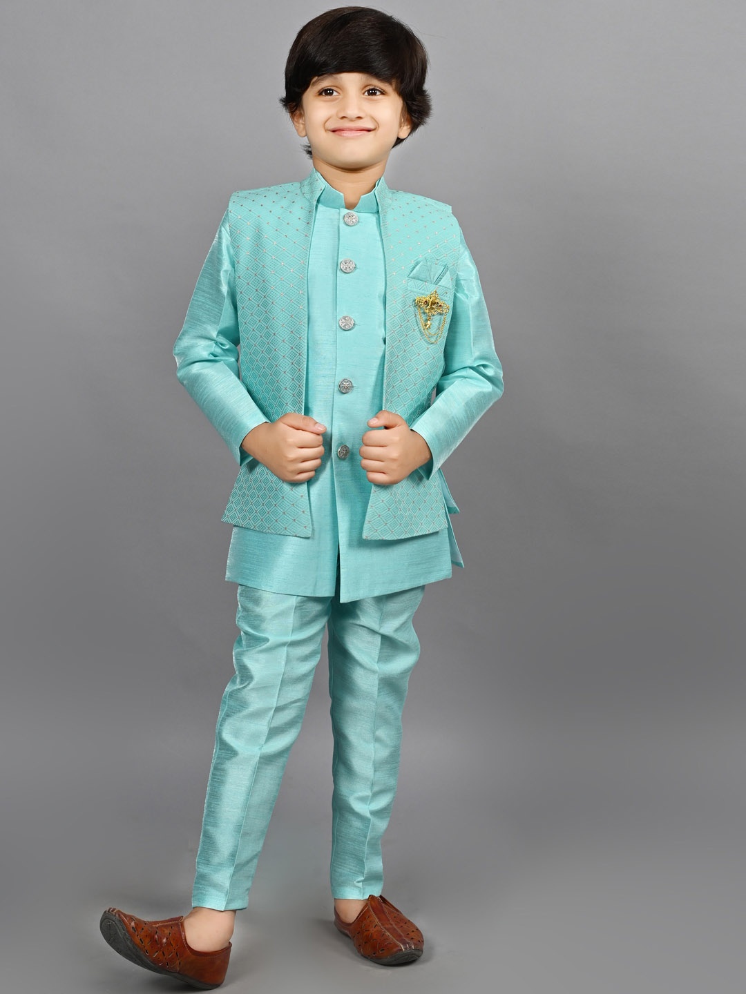 

ahhaaaa Boys Mandarin Collar Kurta and Trousers with Nehru Jacket, Turquoise blue