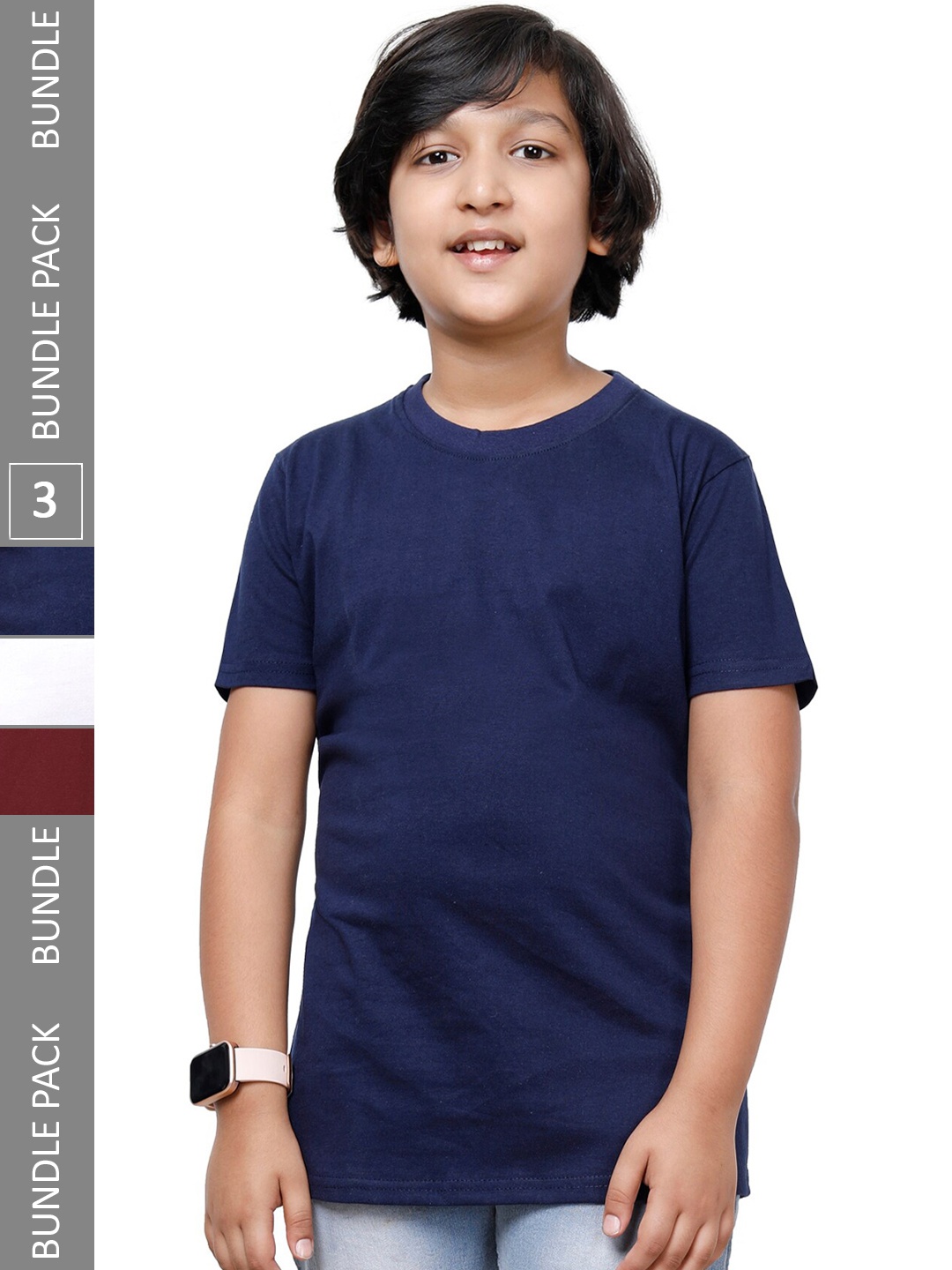 

IndiWeaves Boys Pack of 3 Round Neck Casual Cotton T-shirt, Navy blue