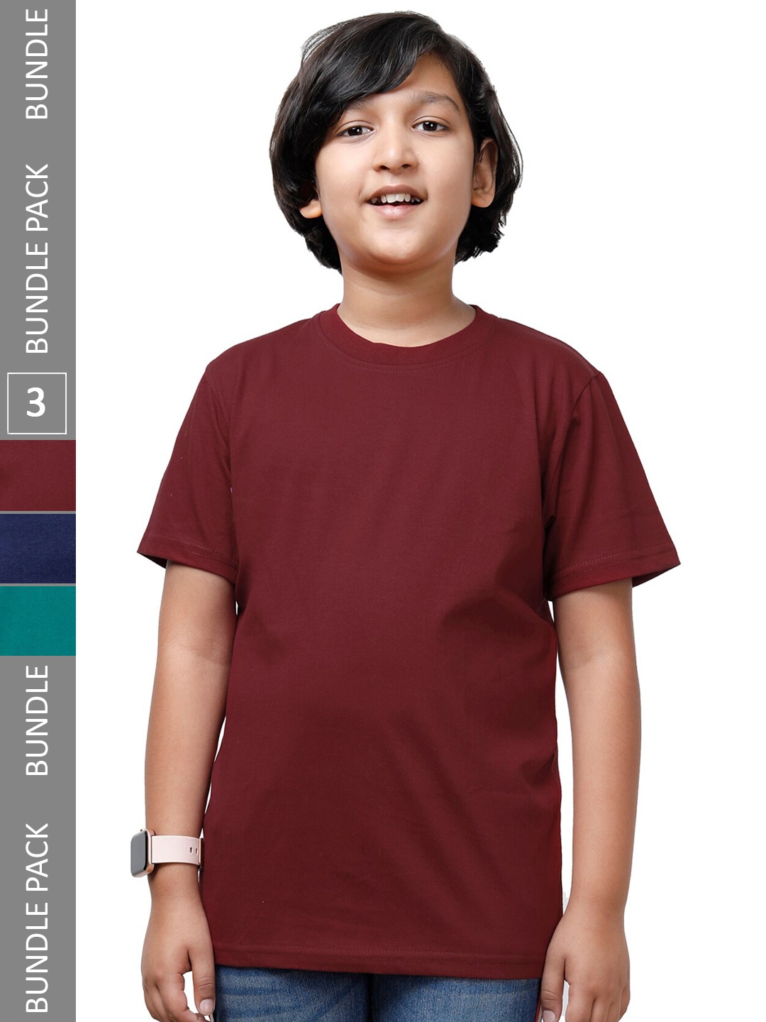 

IndiWeaves Boys Pack of 3 Round Neck Regular Fit Cotton T-shirt, Maroon