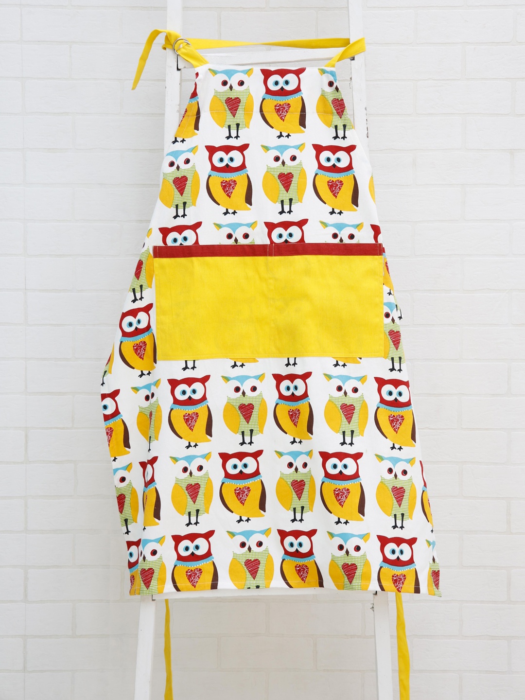 

Ariana Yellow Owl Printed Cotton Apron, White