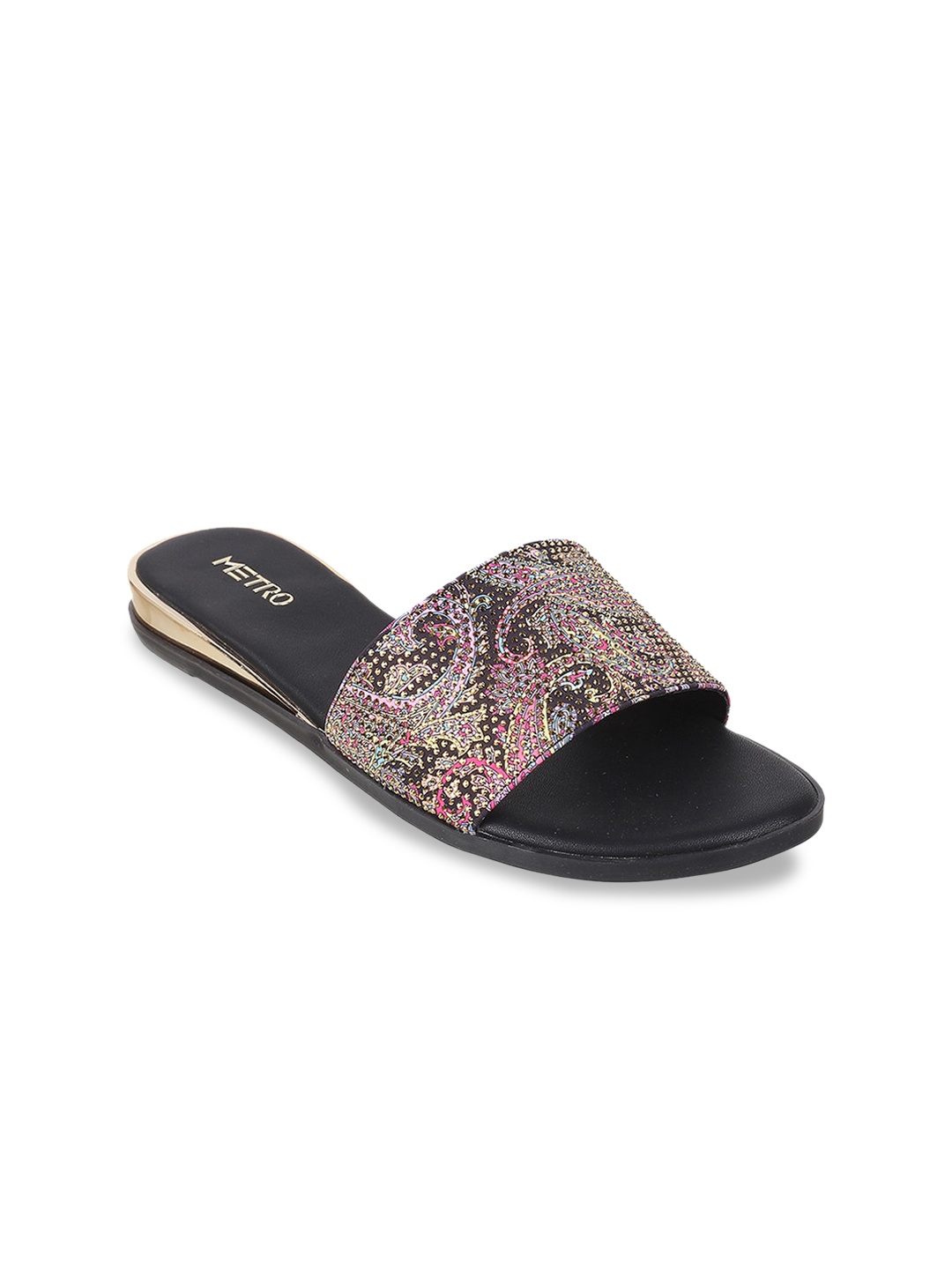 

Metro Printed Embellished Open Toe Flats, Black