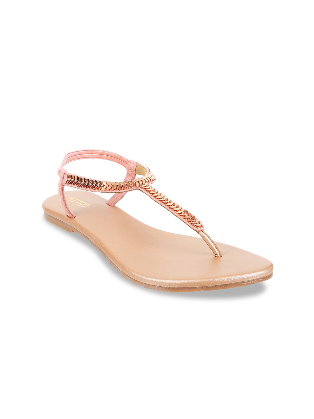 

Metro Embellished T- Strap Flats With Backstrap, Pink