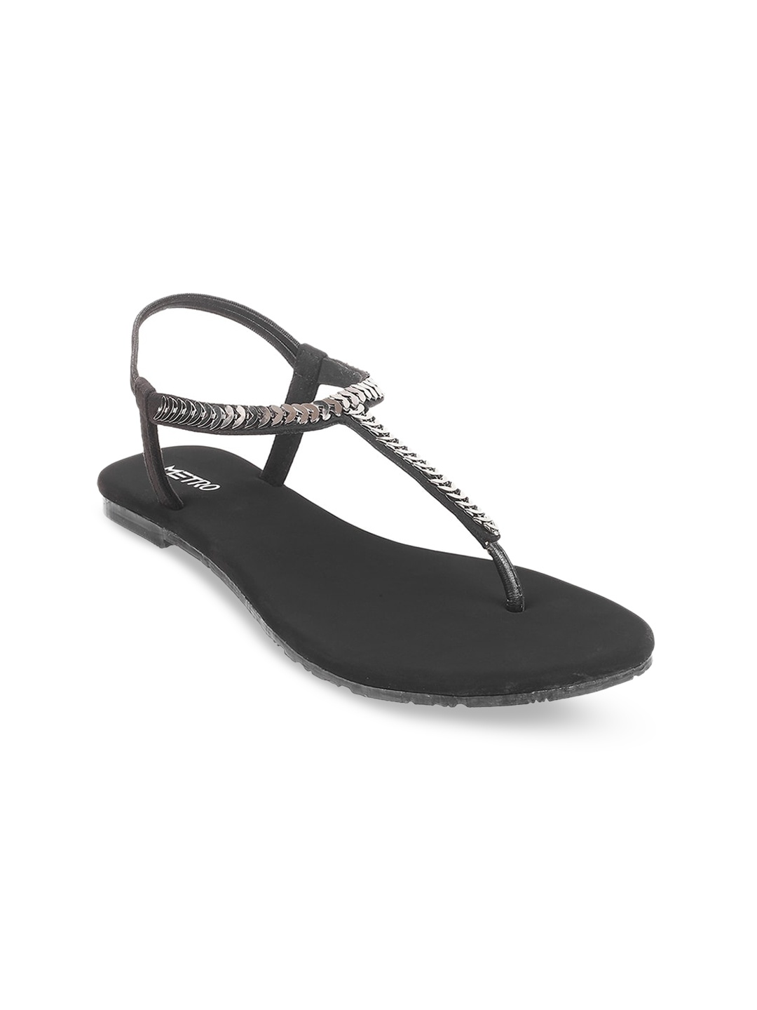 

Metro Embellished T- Strap Flats With Backstrap, Black