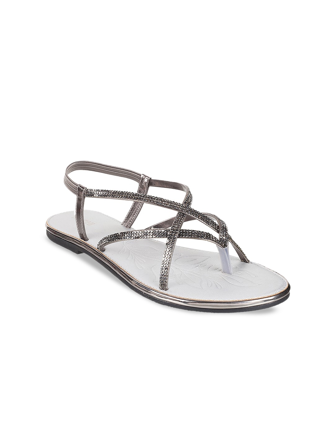 

Mochi Embellished Strappy Open Toe Flats With Backstrap, Grey