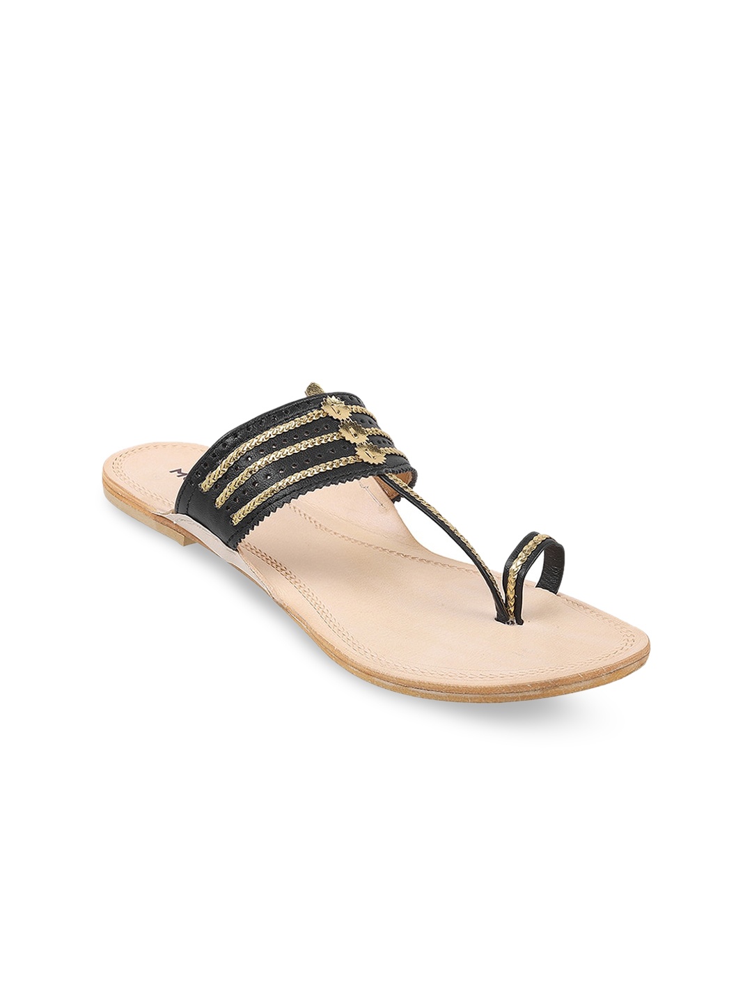 

Mochi Embellished Ethnic Braided Leather One Toe Flats, Black