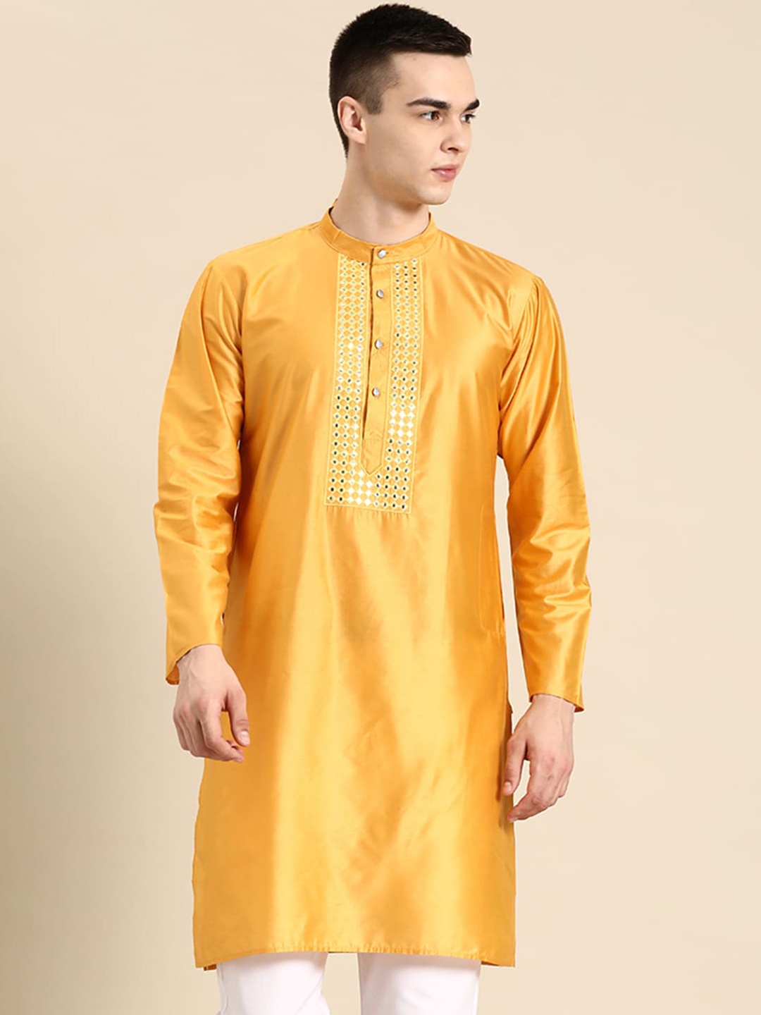 

Anouk Mirror Work Band Collar Cotton Silk Kurta, Mustard