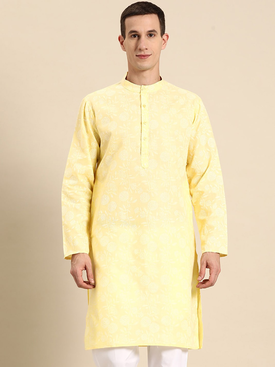 

Anouk Floral Printed Band Collar Cotton Silk Kurta, Yellow