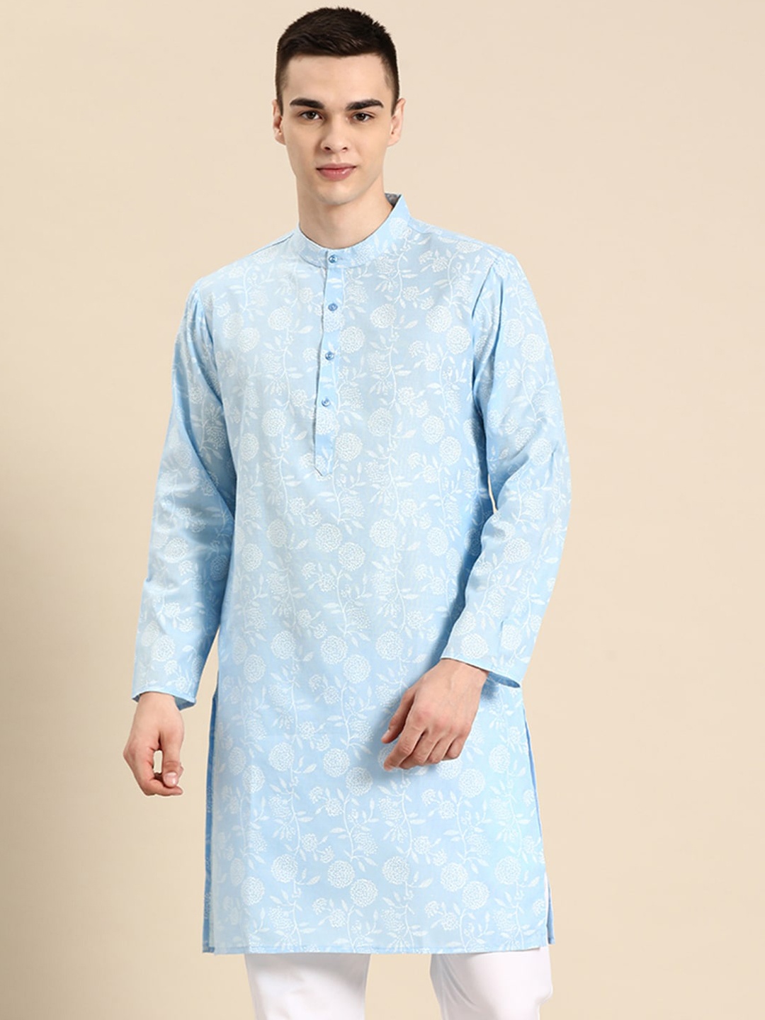 

Anouk Floral Printed Straight Silk Cotton Kurta, Blue