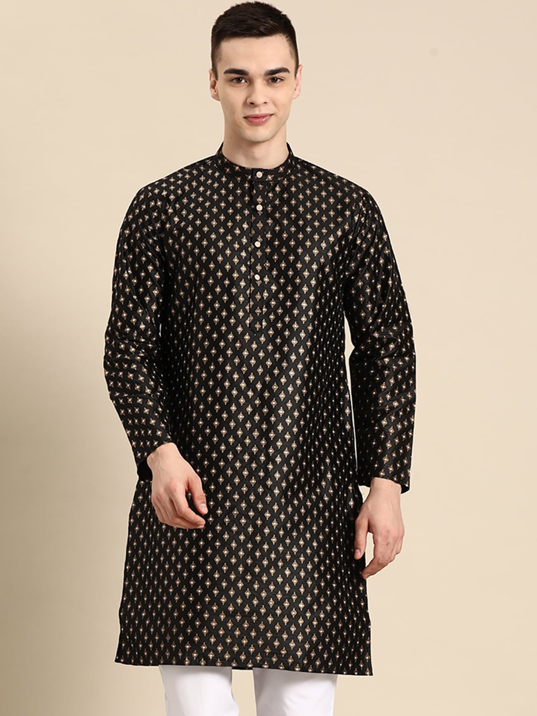 

Anouk Black Ethnic Motifs Printed Mandarin Collar Silk Cotton Kurta