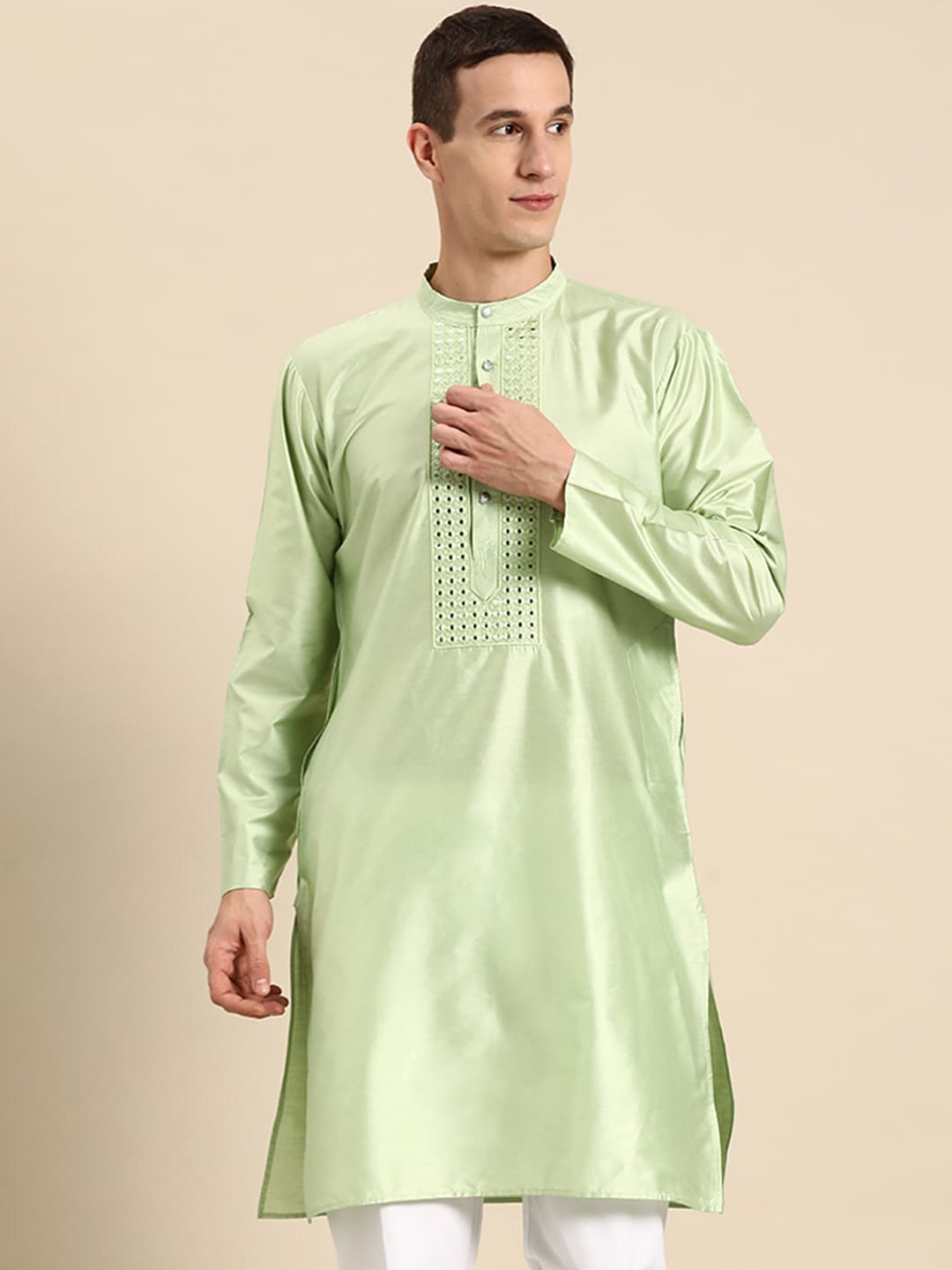 

Anouk Mirror Work Band Collar Cotton Silk Kurta, Green