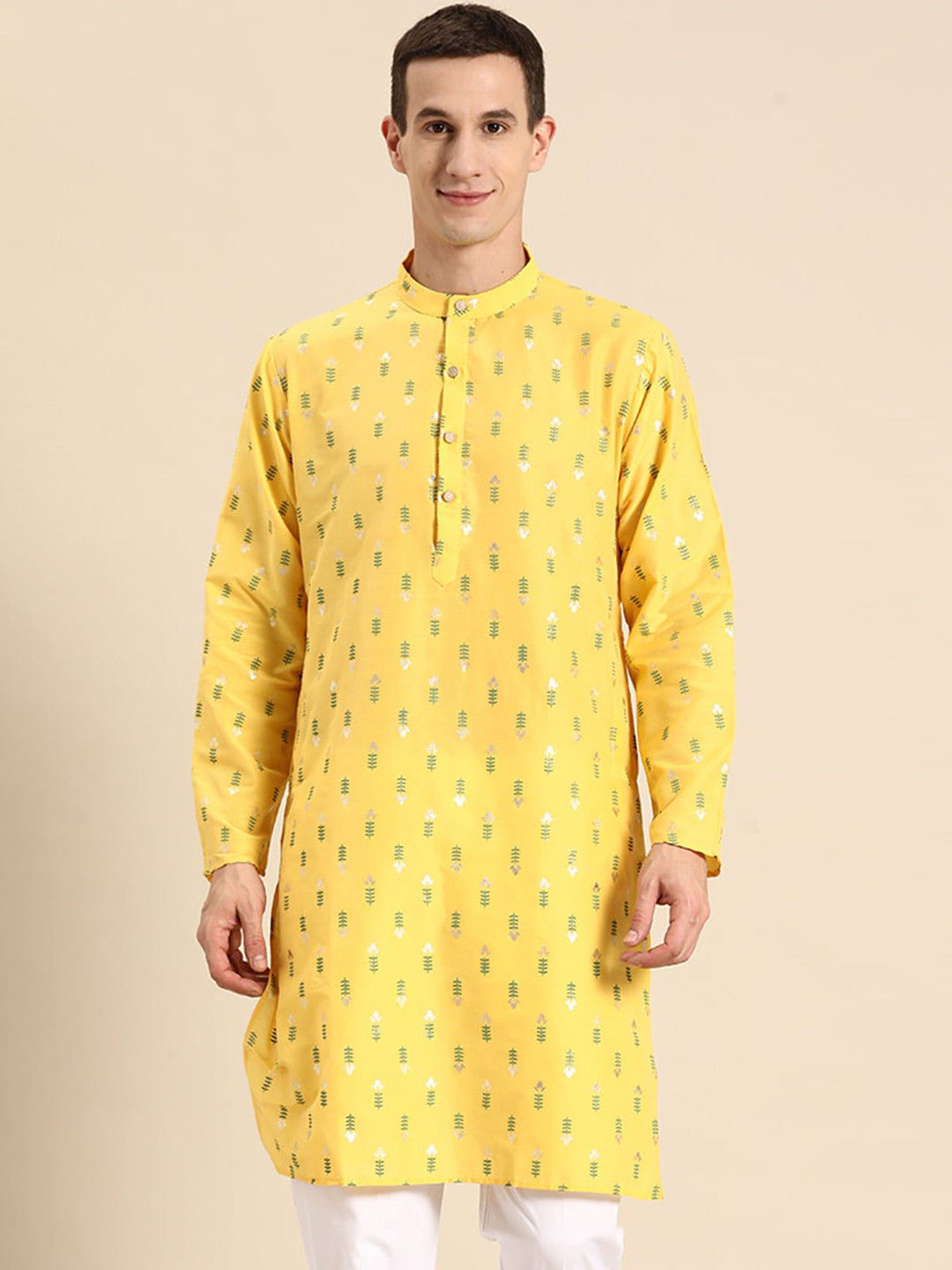 

Anouk Floral Printed Mandarin Collar Silk Cotton Kurta, Yellow