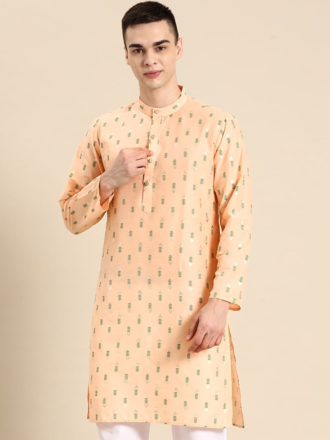 

Anouk Peach Floral Printed Mandarin Collar Silk Cotton Kurta