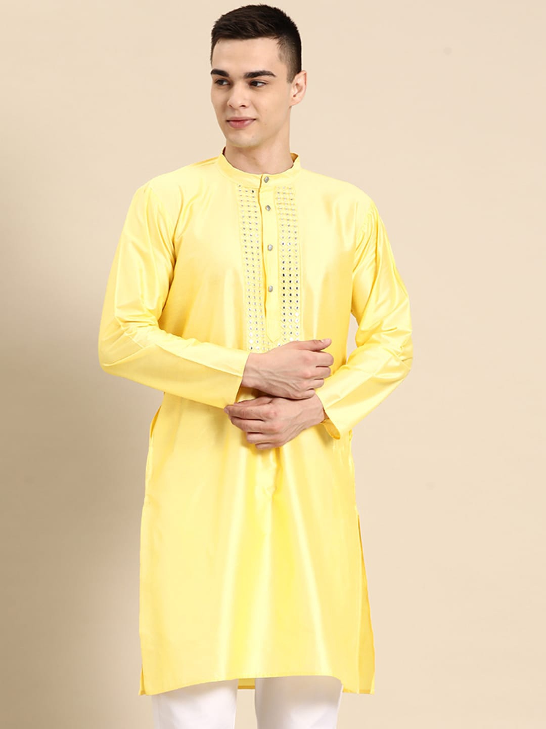 

Anouk Yellow Mandarin Collar Mirror Work Kurta