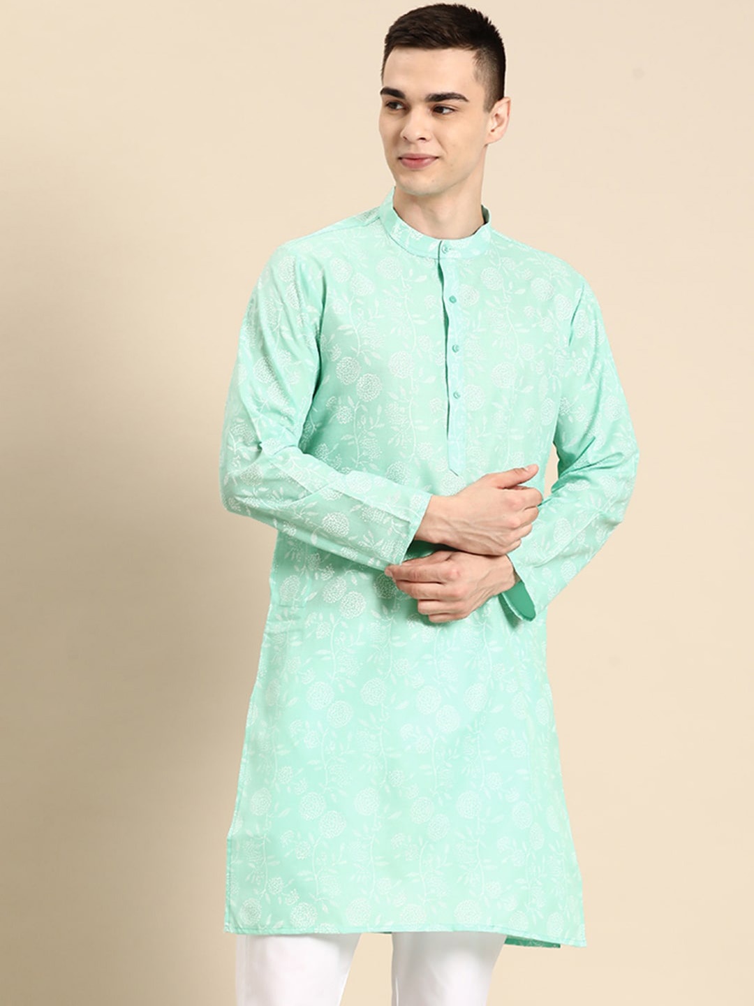 

Anouk Green Floral Printed Mandarin Collar Silk Blend Kurta