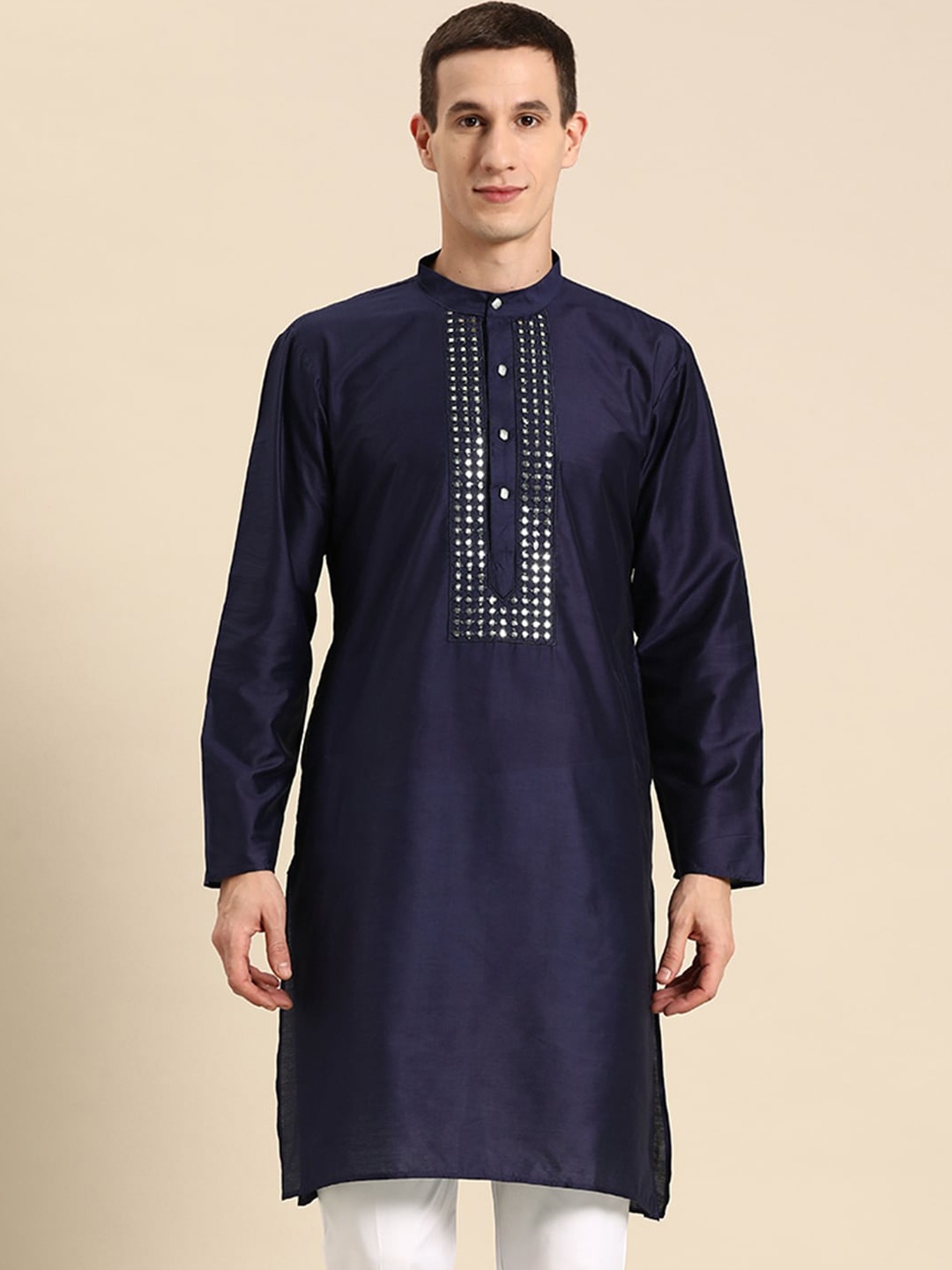 

Anouk Navy Blue Mirror Embellished Silk Cotton Kurta