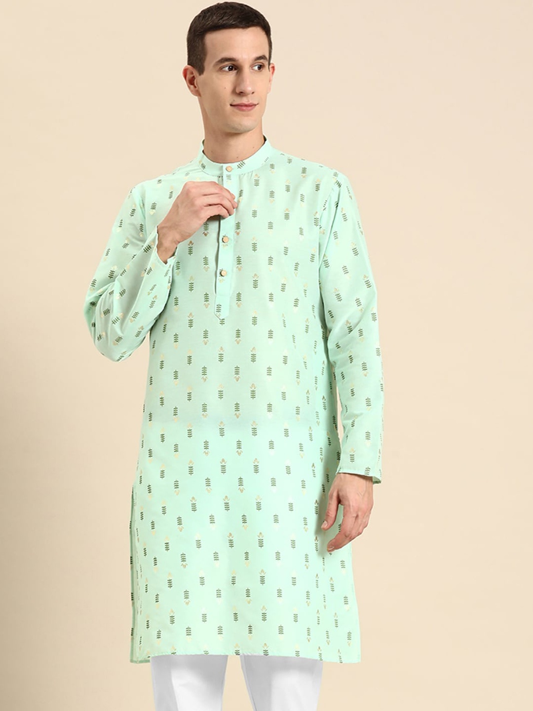 

Anouk Floral Printed Mandarin Collar Silk Cotton Kurta, Turquoise blue