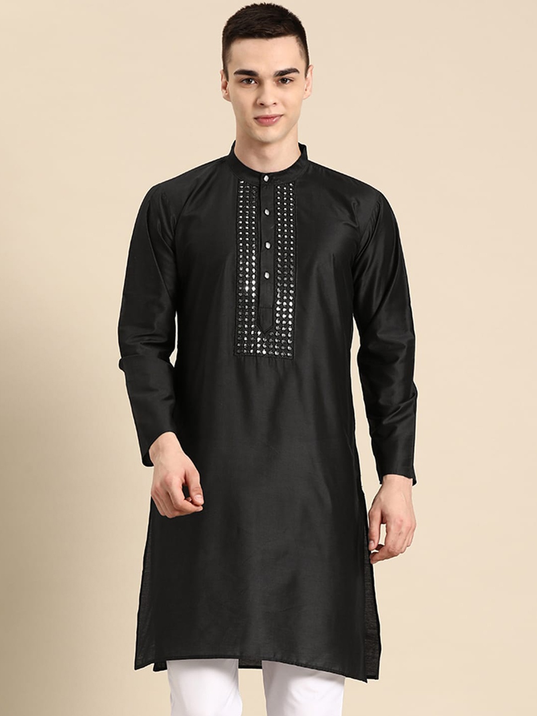 

Anouk Black Mirror Embellished Silk Cotton Kurta