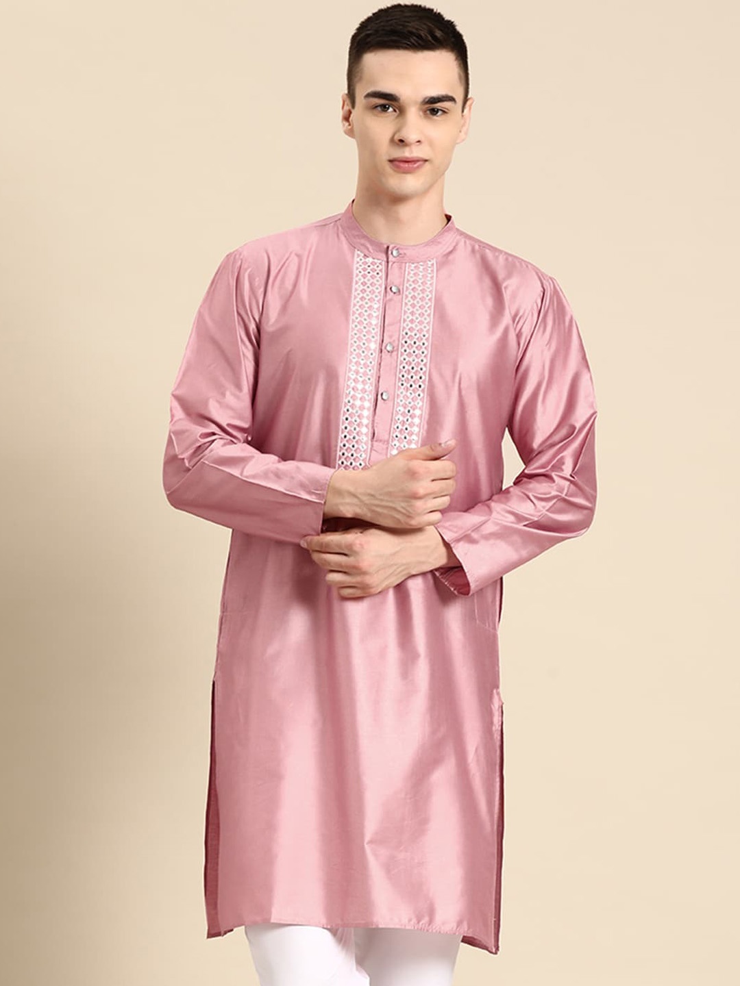 

Anouk Men Magenta Mandarin Collar Mirror Work Kurta, Pink